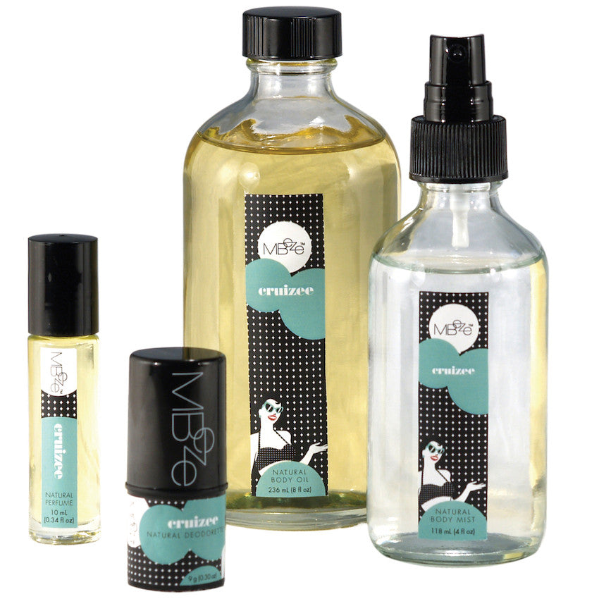 MBeze Cruizee Deluxe Collection including perfume, Deodorette, Body Oil, and Body Mist.