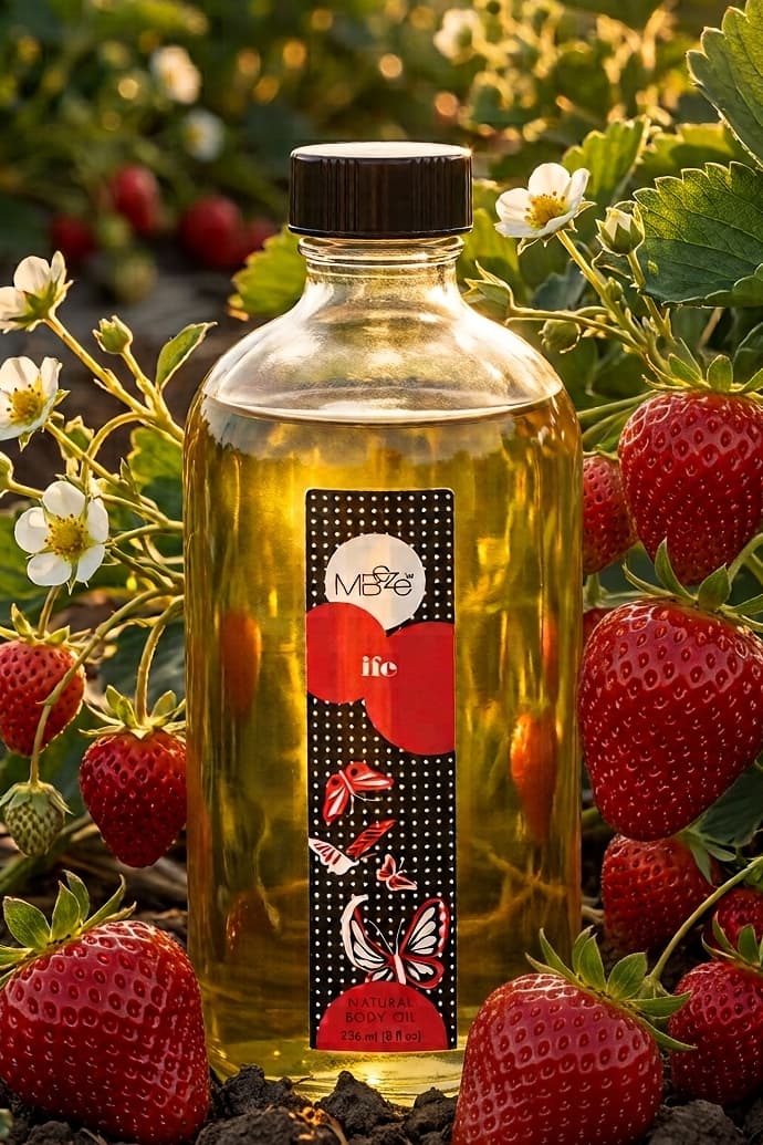 MBeze Ife Body Oil in a strawberry field, surrounded by strawberries and strawberry blossoms.