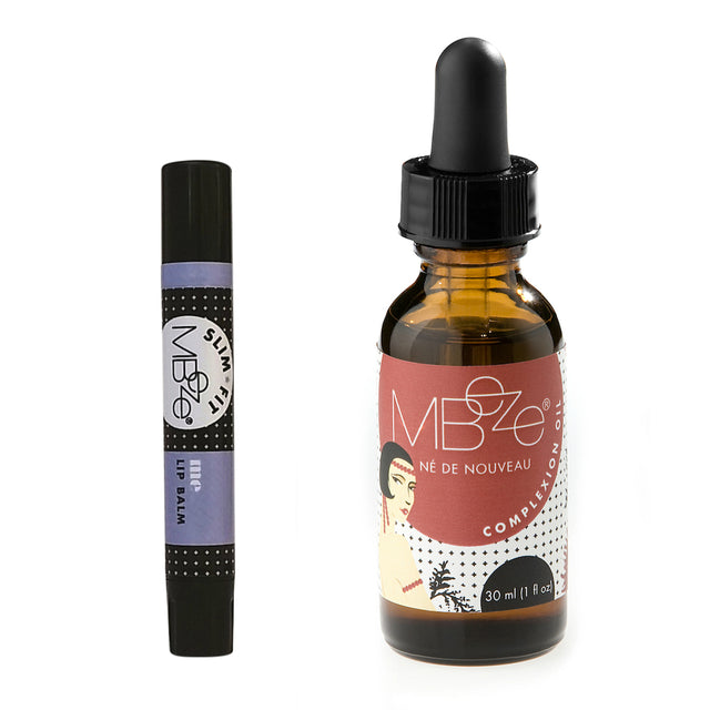 One-Two Punch Lip Line and Wrinkle Smoother Package Deal including MBeze Me Slim-Fit Lip Balm (black plastic  twist-up tube) and Né De Nouveau Complexion Oil (glass amber Boston round dropper bottle)