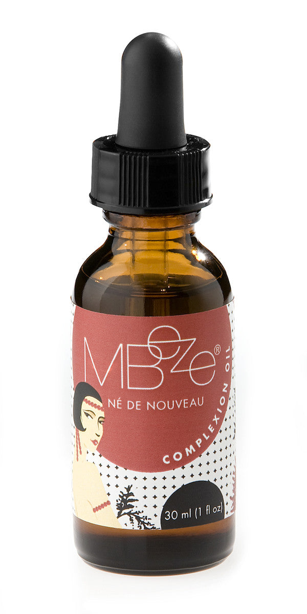 MBeze Né de Nouveau Complexion Oil, amber glass Boston round bottle with black dropper, full size, front view