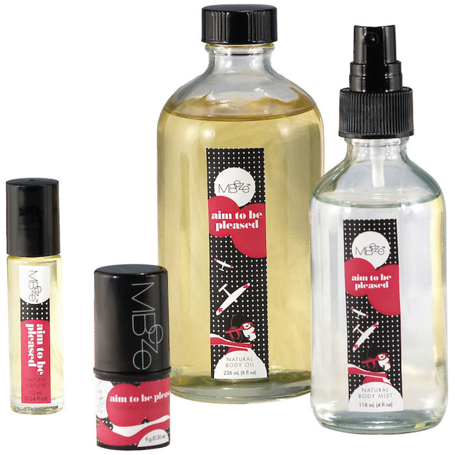 MBeze Aim To Be Pleased Deluxe Collection including perfume, Deodorette, Body OIl, and Body Mist
