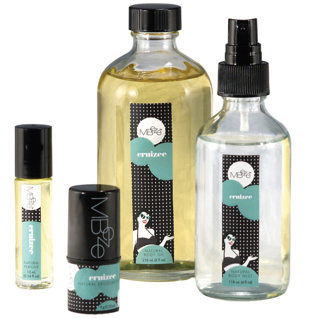 MBeze Cruizee Deluxe Collection including perfume, Deodorette, Body Oil, and Body Mist.