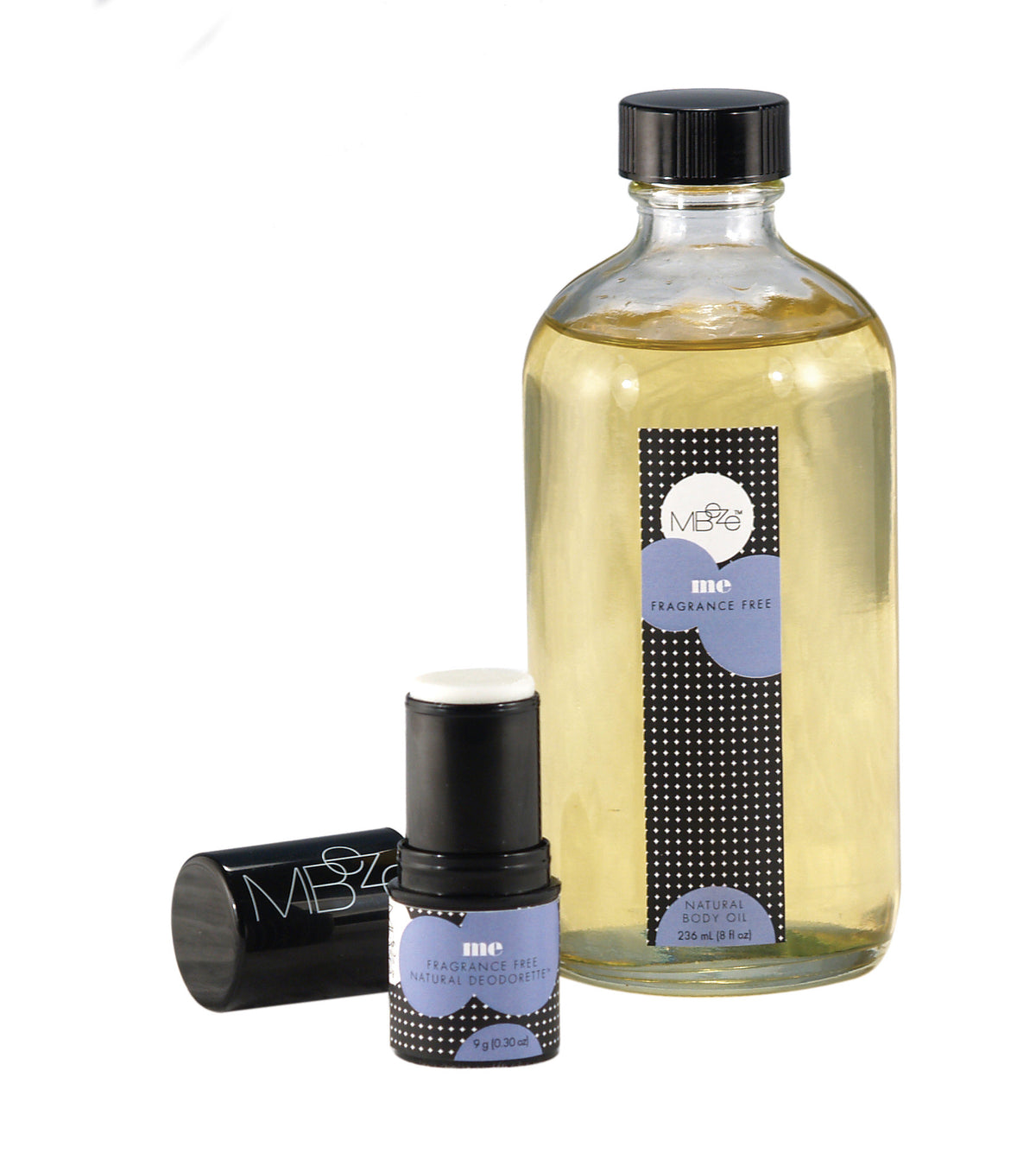 MBeze Me Fragrance-Free Deluxe Collection, including Deodorette and Body Oil.