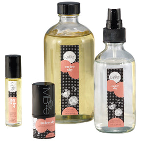MBeze Twice Shy Deluxe Collection, including Eau de Toilette, Deodorette, Body Oil, and Body Mist.